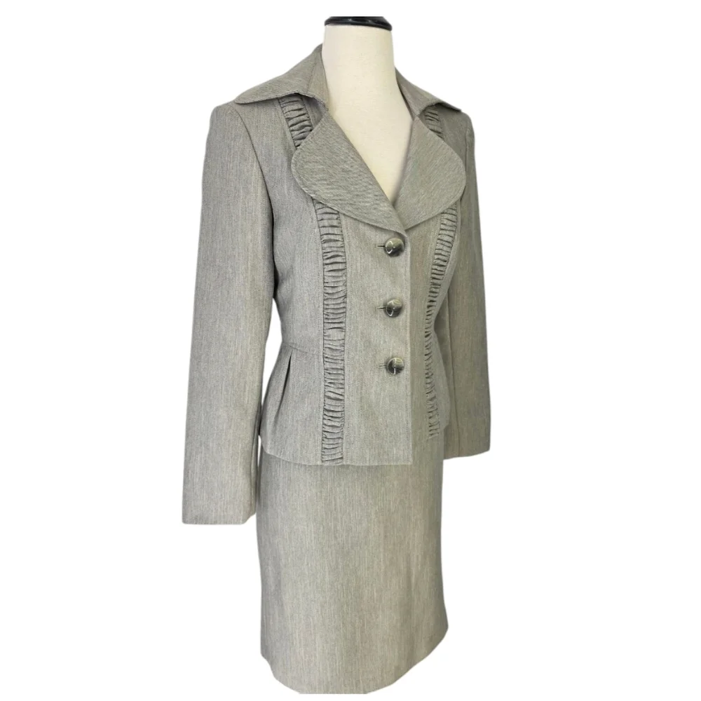 LeSuit Three Button Jacket & Skirt Suit Set Neutral Tan Beige Gray Weave Sz 6 - Picture 5 of 16